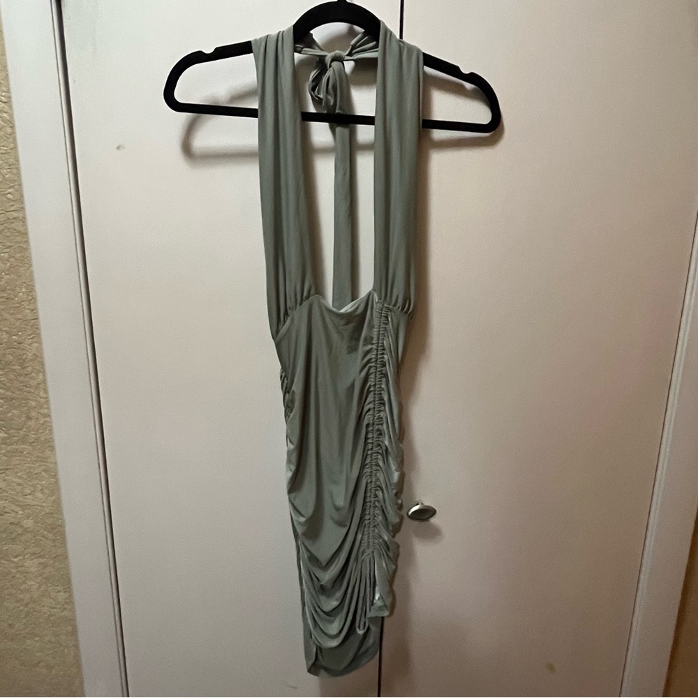 Sabora Asymmetrical Dress in Sage Green with Ruching on Sides & Thigh Drawstring